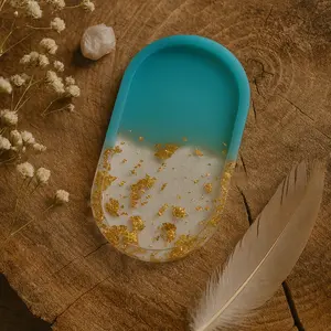 Elegant Aqua Blue & Gold Leaf Resin Jewelry Tray – Handmade Oval Trinket Dish for Rings & Earrings
