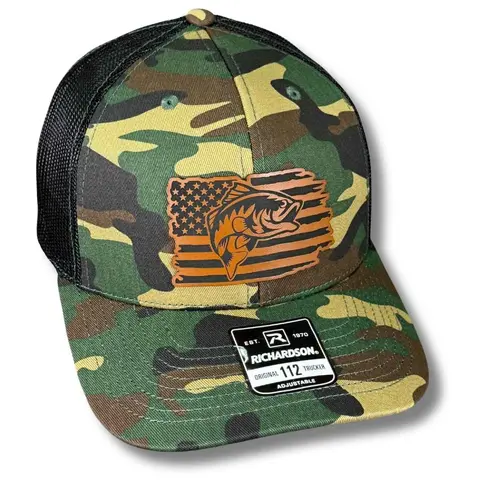 Patriotic Distressed Tattered Outdoor Fishing Hat - All American America-Themed Hat with Leatherette Accent, Laser-Engraved American Flag Patch - Gift for Bass Anglers, Birthday, Father’s Day Boat Trips