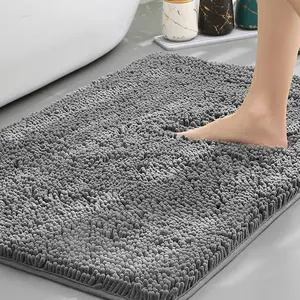 Light Grey Chenille Bath Rug – Soft Absorbent Non-Slip Quick-Dry Washable Bathroom Mat Full Body Pillow Beige Accessories Set with Shower Curtain Multi-Function Ergonomic Memory Foam Suction Cup Air Pressure Toilet Plunger High Dual Head Drain Blaster