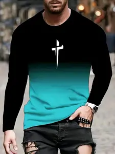 Men's Gradient Cross Pattern Long Sleeve T-Shirt, Fitted Casual Streetwear, Graphic H-Type Top, All Seasons, Versatile Bottom Layer, Menswear