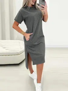 Women's Casual Boho Chic Plain Asymmetrical Round Neck Short Sleeve Side Slit Dress, Summer Fashion Long Dress, Ladies Clothing Minimalist, Casual Wear, Womenswear, Boho Summer Dresses