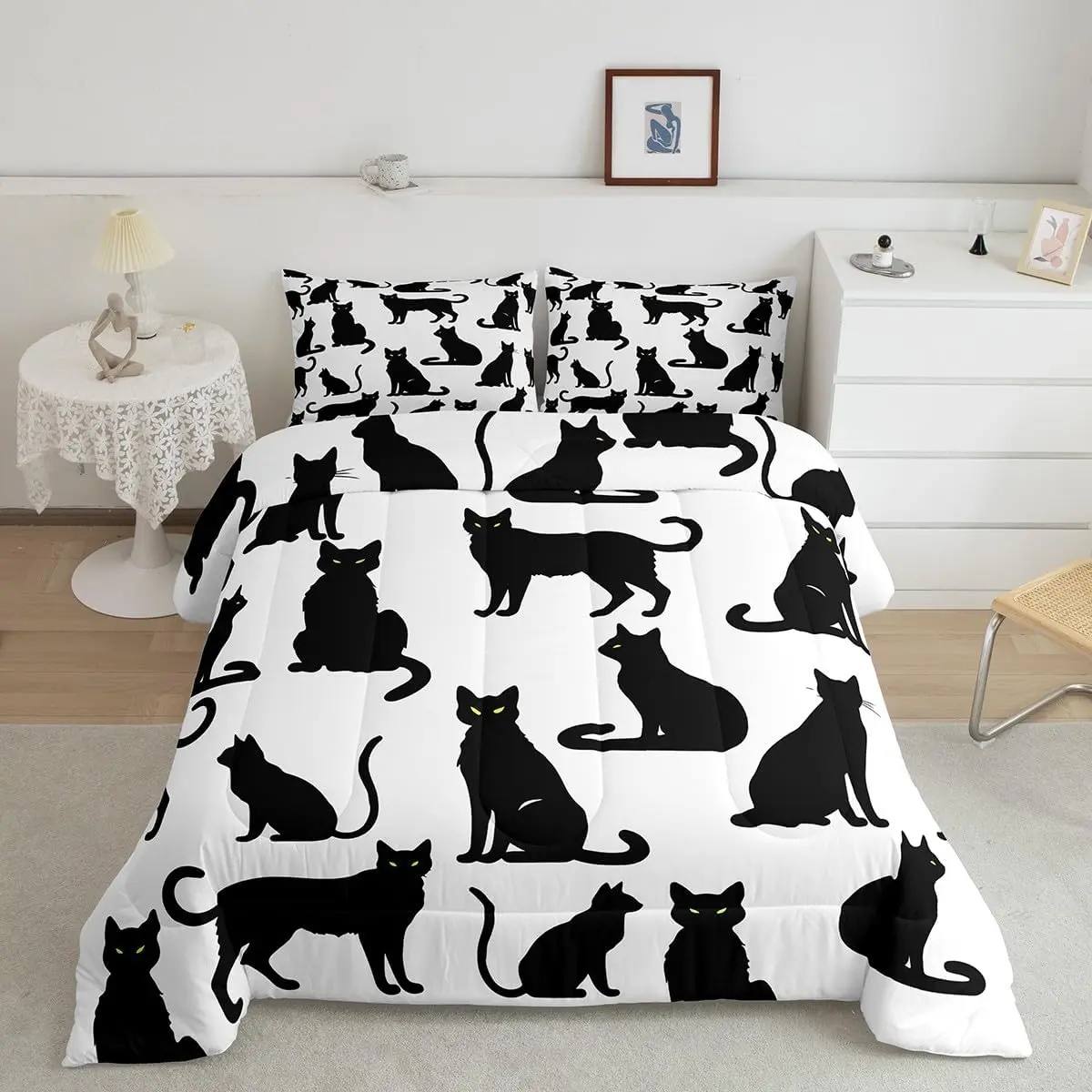 Black Cat Designer Comforter Set,Cats Comforter,Kawaii Animals Luxury Bedding Set,Bedroom Decor Cat Lover's Gift Breathable Lightweight Duvet Set