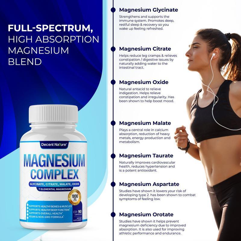 Decent Nature 7-in-1 Magnesium Complex Supplement, High Absorption Blend, Vegan Non-GMO, 90 Capsules Fitness Dietary Edible Mineral