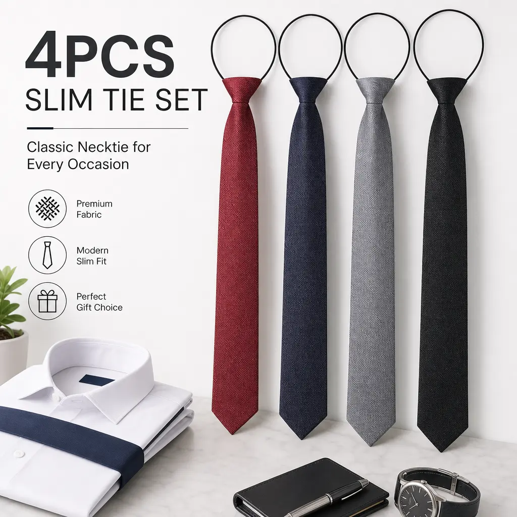 Men's 4-Pack Tie Set - Male Fit Adjustable Skinny Polyester Silk Solid Color Zip-On Quick-Wear Clip-On for Office, Wedding (Festive & Party Supplies)