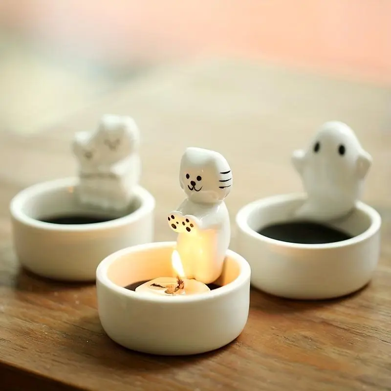 Handmade Ceramic Cat Tea Light Holder - Cute White Small Cat Design with Expressive Eyes, Heat-Resistant Home Decor Bowl Candleholder, No Excessive Bulk, Animal Figure for Gifting, Light Up Your Space