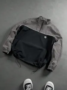 Men’s lightweight, breathable, quick-dry jacket — half-zip stand collar casual outdoor sports outerwear with color-block plaid patchwork and drawstring design; suitable for hiking, running, cycling, and fishing; solid color, ideal for spring, summer, and