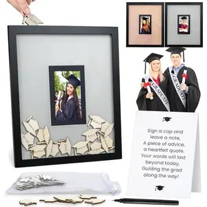 2026 Graduation Guest Book - Wooden Cap Drop Frame Guestbook for Graduation Party with Wooden Grad Caps, Photo Slot & Pen, Graduation Sign In Book for Grad Party