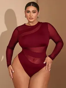 Plus Size Sheer Mesh Long Sleeve Bodysuit Contrast Asymmetric Style