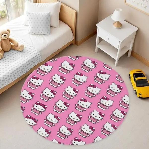Sanrio Hello Kitty Flannel Round Floor Mat, Soft Non‑Slip Absorbent Round Rug for Bedroom Bathroom Living Room Cute Home Decor Gift for Girls Teens