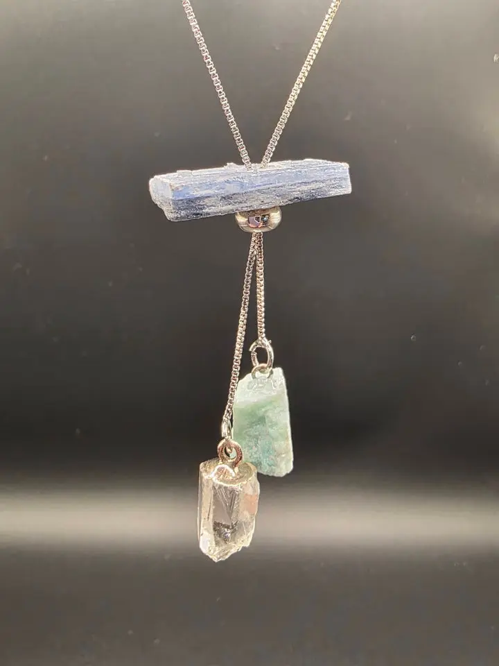 Unisex Light Triple-Stone Intention Necklace, Adjustable Non-Natural Crystal Pendant for Adults (Promotes Truth, Clarity), Hope, Blue Kyanite, Choking Hazard Small Parts, No, Daily Wear, Handcrafted