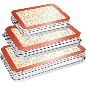 Baking set: stainless steel sheet pan with cooling rack & silicone mat set, multi-size (3 sheets + 3 racks + 3 mats), warp resistant & Heavy Duty, easy clean Bakeware Baked