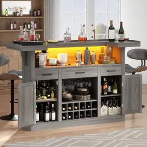 Bar Table Cabinet with LED & 3 Drawers & Stemware Holders, Wine Alcohol Bar Stand with Door & Wine Rack,Crescent Shaped Counter for Home Pub Freestanding Kitchen Cupboard