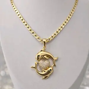 Dolphin Necklace –Double Dolphin Pendant  24” Length, 4mm Width | 14K Gold Laminated
