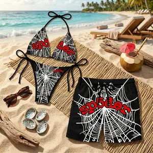 Couples Matching Spider Web Swimwear Set – Y2K Goth Bikini and Men’s Beach Shorts for Vacation & Pool Party