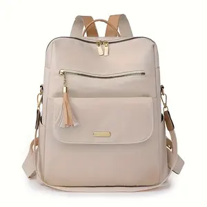[Stylish Backpack] Lightweight Oxford Nylon Women's Backpack | Large Capacity Convertible Bookbag to Handbag with Multiple Compartments, Front Zipper Pocket & Tassel Detail, Solid Color Beige for Casual, Work, Travel - Durable & Stylish Christmas Gift, Wo