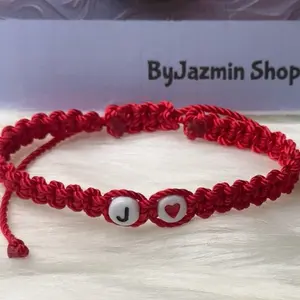 ByJazmin Shop Handmade Red Rope Bracelet with Letter J and Heart Charm Personalized Jewelry for Women