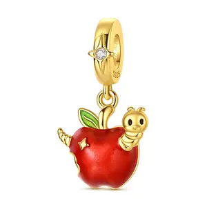 MULA 14K Gold-Plated Luminous Apple Pendant (Compatible with Pandora Bracelets) — 925 Silver-plated & Red Enamel "Cute Caterpillar" Bead; The "Apple of My Eye" Theme Makes This the Perfect Gift for Girls or Women.