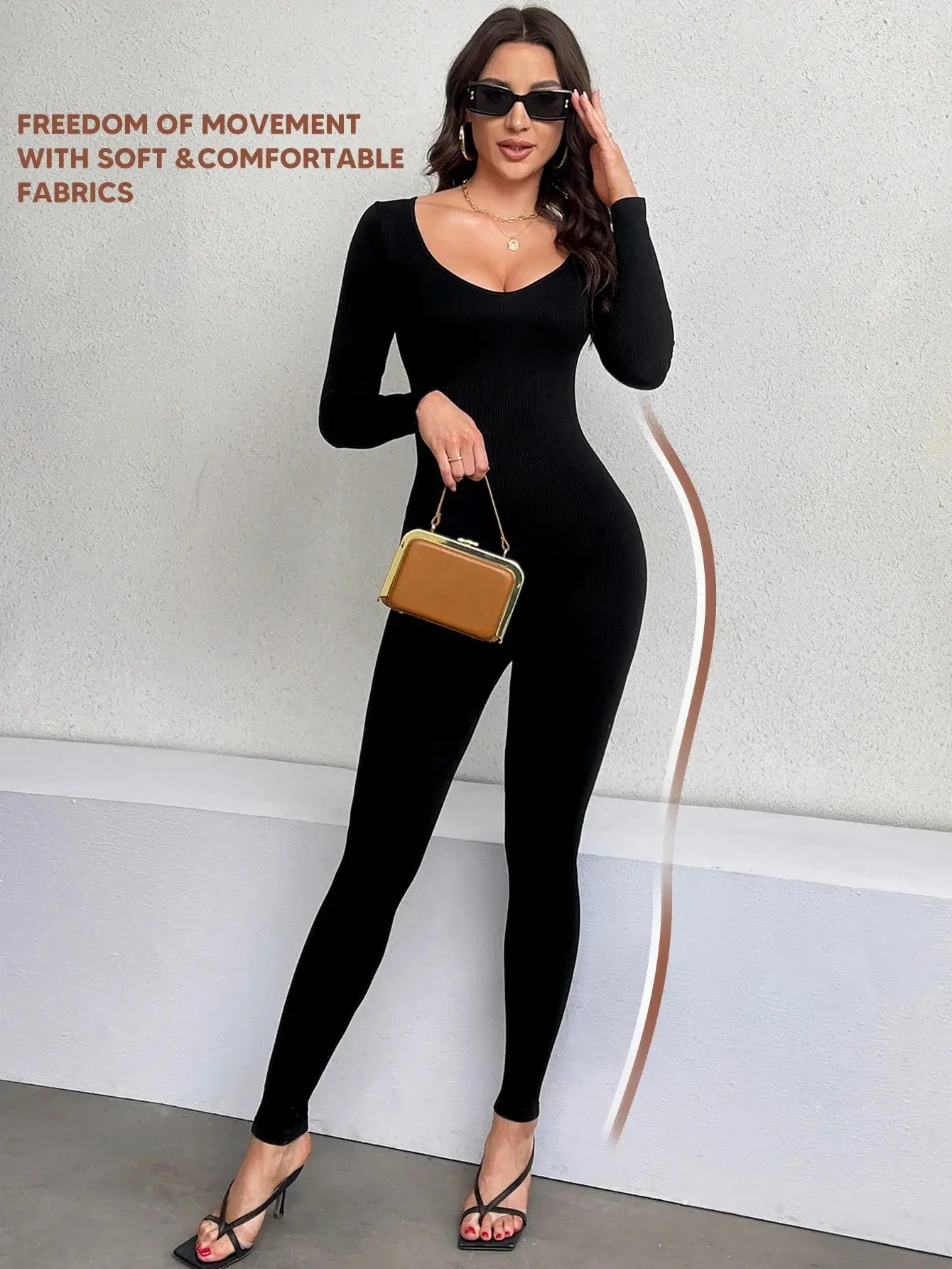 Women's Seamless Ribbed Long Sleeve Workout Jumpsuit - Yoga 1-Piece Leggings Romper