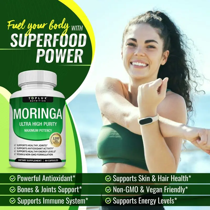 Moringa Capsules 1200mg - Pure Moringa Powder for Immune, Gut health 90 Capsules
