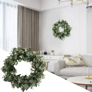 1 Pc Green Eucalyptus Round Wreath , plain wreaths for decorating , Christmas Decorations , Artificial Farmhouse Wreath for Party Door Wall Window Decor , 15Inch