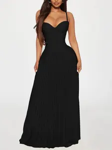 Daniella Lace Corset Pleated Maxi Dress - Black