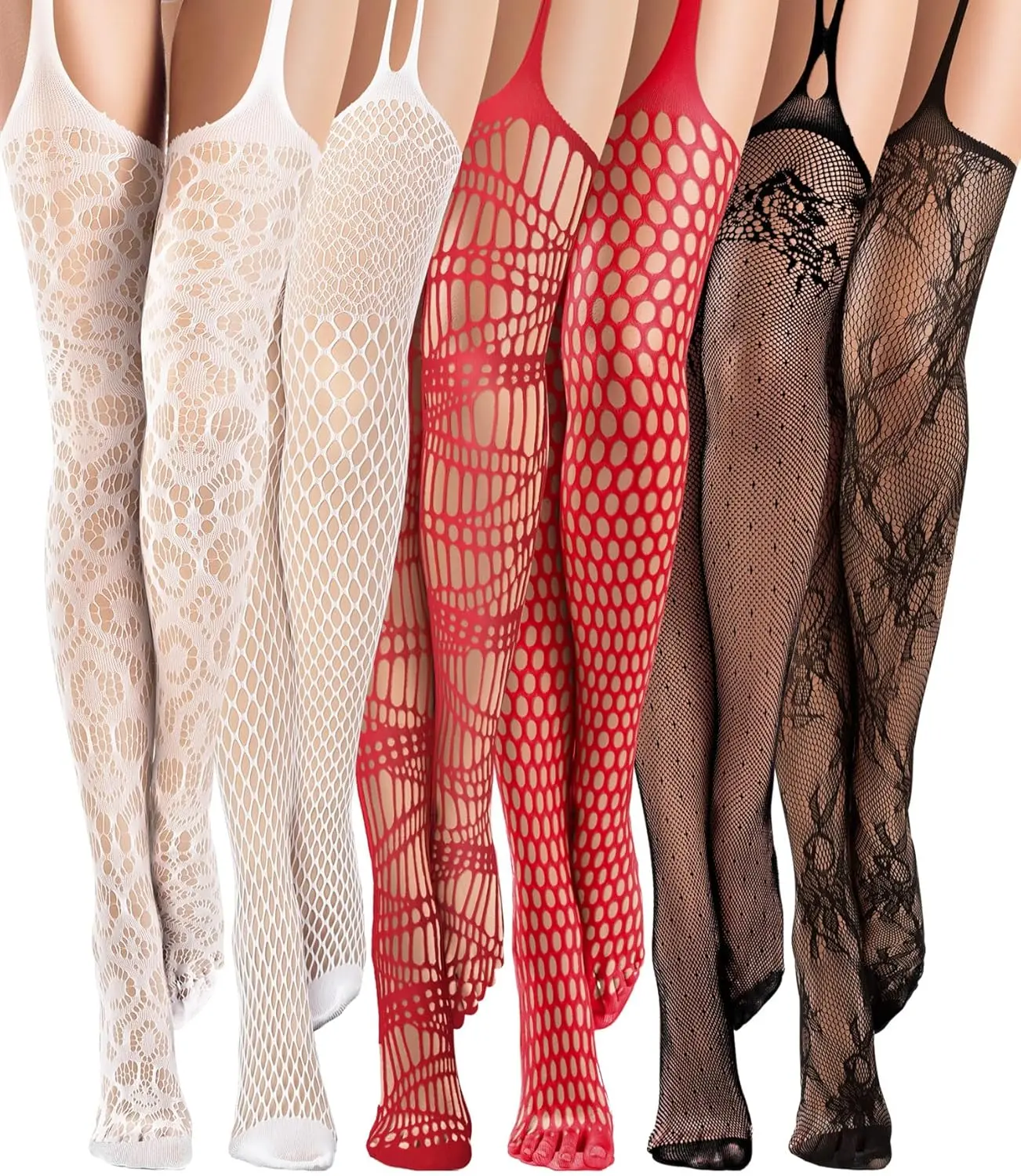 Geyoga 6 Pairs Women Fishnet Thigh High Stockings Suspender Pantyhose Lingerie Garter Belts Tights for Women Girl