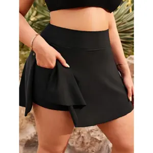 Plus Size Women's High-Waisted Skorts, Solid Color Swim Bottoms with Built-In Shorts & Pocket, High-Stretch Swimsuit Fabric, Casual Fashion Swimwear for Beach Holidays