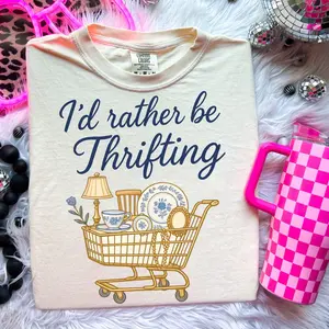 Comfort Colors I’d Rather Be Thrifting T Shirt, thrift aesthetic Tshirt, blue and gold vintage decor cart, retro thrifting graphic, boutique style