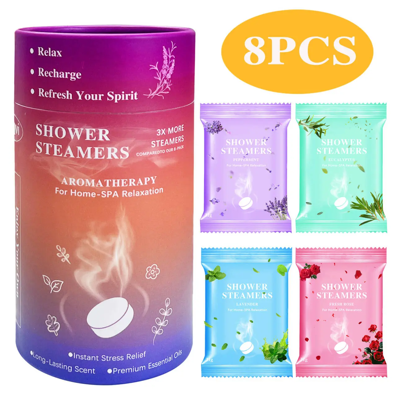8PCS Luxury Long-Lasting Fragrance-Free Aromatherapy Shower Steamers - Natural Flavors, Essential Oils, Non-Toxic, Rose-Lavender-Mint Scents, Dry Skin & Body Care, Stress Relief, Home Spa Use, 24-Month Shelf Life, All-Occasion Birthdays-Christmas Gifts