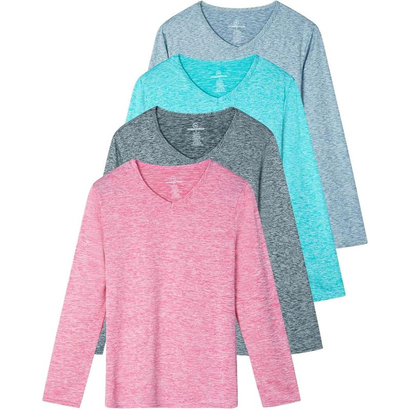 4-Pack: Women's Dry-Fit Long-Sleeve V-Neck Athletic Workout Shirt (Available in Plus Size)