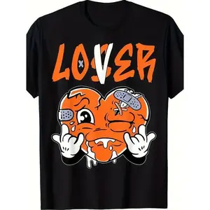 Men's Retro Streetwear T-Shirt – "Lover" Orange Heart Graphic, Black 100% Cotton Tee, Soft Breathable Hip Hop Style Summer Top, Casual Aesthetic Look