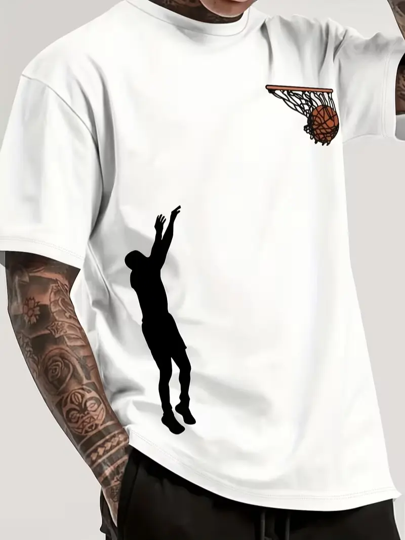 Men's Basketball Dunk-Print T-Shirt—A short-sleeved, crew-neck casual top featuring a dunking action graphic. Suitable for everyday casual wear and outdoor activities; designed for fans, machine-washable, and comfortable for year-round wear.