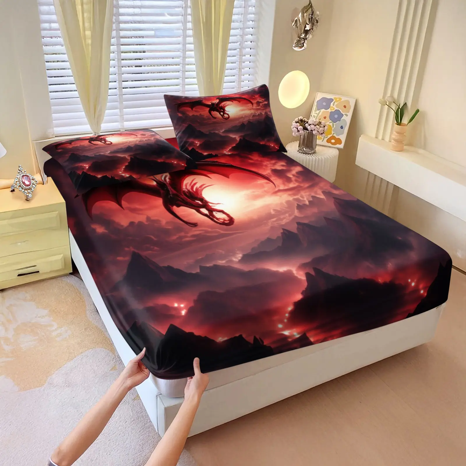 Crimson flame dragon 3 Pcs fitted sheet set, including 2 coreless pillowcases, strong wrapping, a striking & intense design with a fiery inferno background, perfect for those who appreciate a powerful & dramatic aesthetic, ideal for men's bedroom decor.