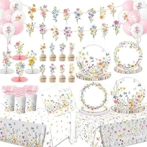 193Pcs Spring Wildflower Party Decorations Include Plates, Napkins, Cups, Balloons, Banner, Tablecloth, Cake Toppers, Honeycombs for Floral Birthday Shower Party, Serve 24