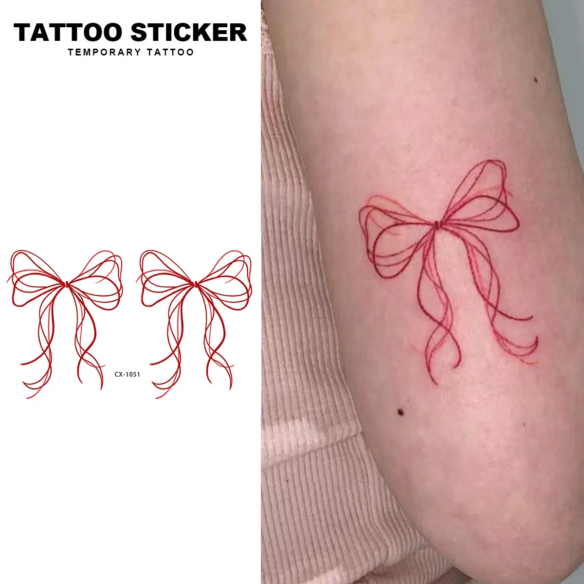 2 PCS Semi Permanent Thin Line Red Bow Ribbon Fake Tattoos Waterproof Sweat Resistant Coquette Girly Temporary Tattoo Stickers Minimalist Tiny Bow Body Art Decal For Arms Wrist Thighs Women