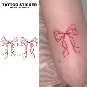 2 PCS Semi Permanent Thin Line Red Bow Ribbon Fake Tattoos Waterproof Sweat Resistant Coquette Girly Temporary Tattoo Stickers Minimalist Tiny Bow Body Art Decal For Arms Wrist Thighs Women