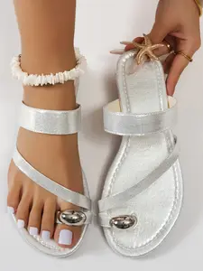 Women's Silver Color Anti-Slip Slip-On Shoes, Textile Upper & Plastic Sole, Comfortable Casual Footwear for Daily Wear