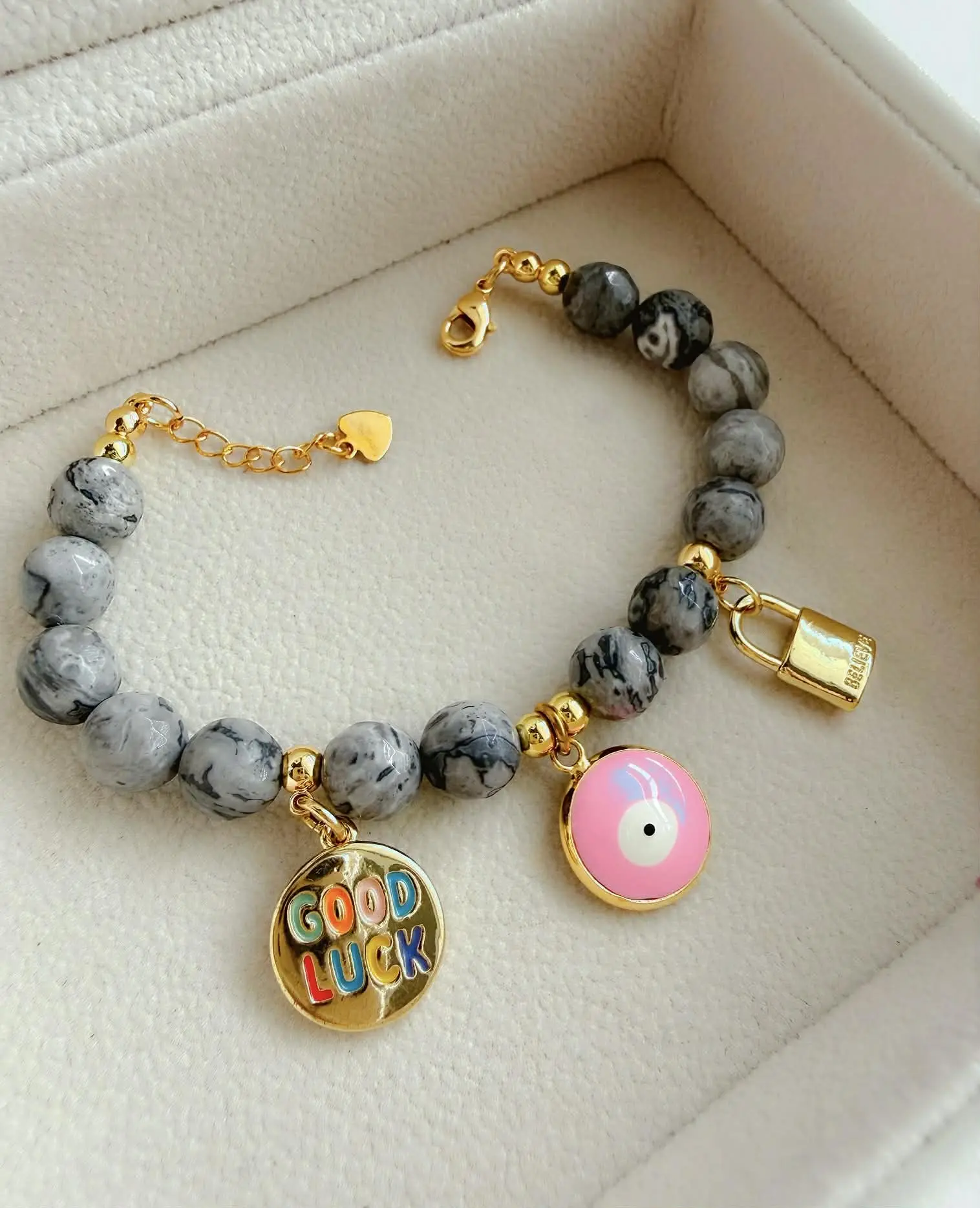 Picasso Jasper Bracelet, Good Luck Charm, Evil Eye, Believe Lock, Gold Plated, Adjustable Nylon Cord
