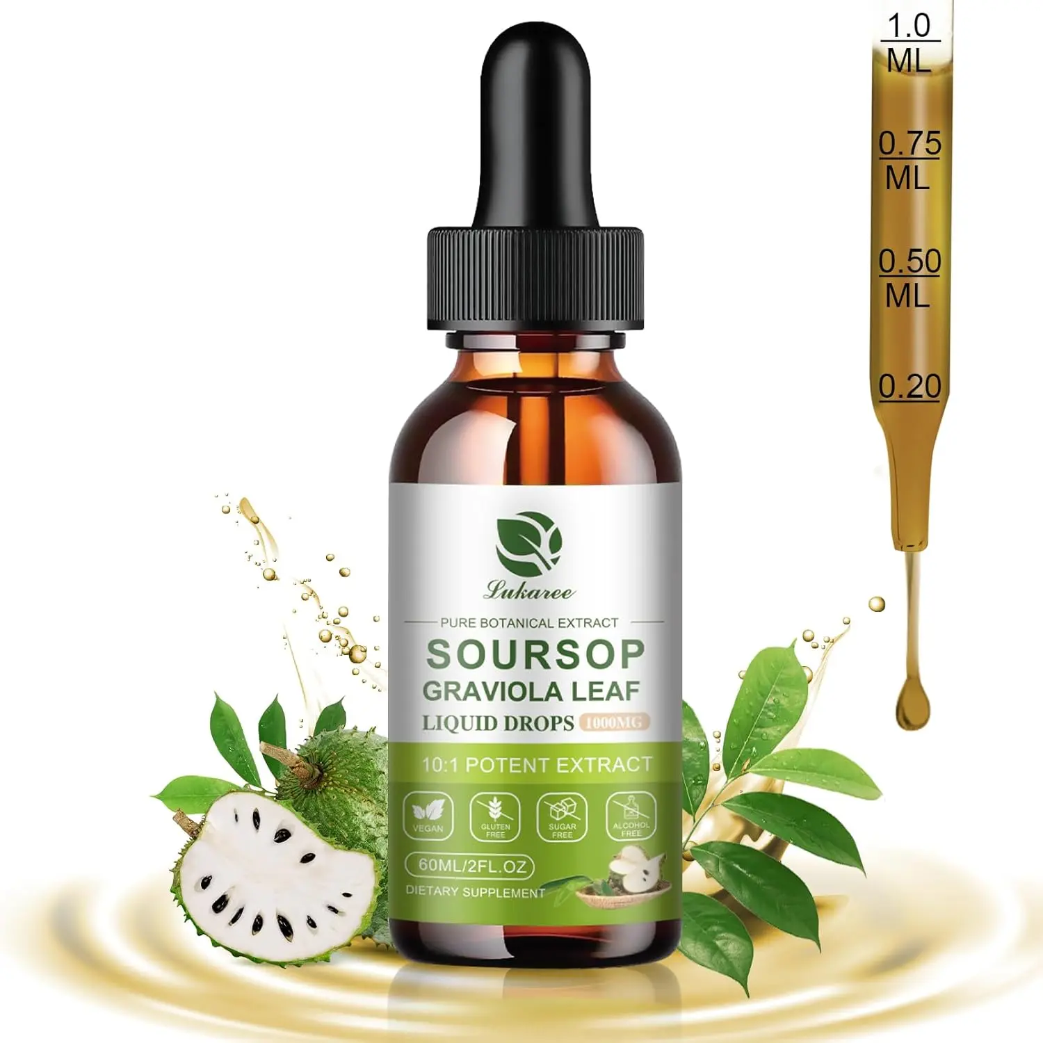 Lukaree Organic High-Potency Soursop Bitters Liquid 98% Absorption Graviola Fruit Leaf Extract for Immune Boost Cell Support Antioxidant Digestive Non-GMO Sugar Gluten Free 2 Fl Oz