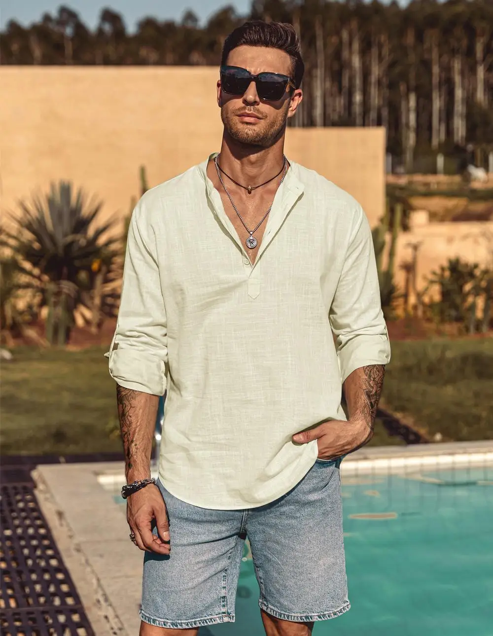 COOFANDY Week Men's Cotton Linen Henley Shirt Long Sleeve Hippie Casual Beach T Shirts Menswear Soft Beach Wear Breathable Vneck Fashion Stylish Slim