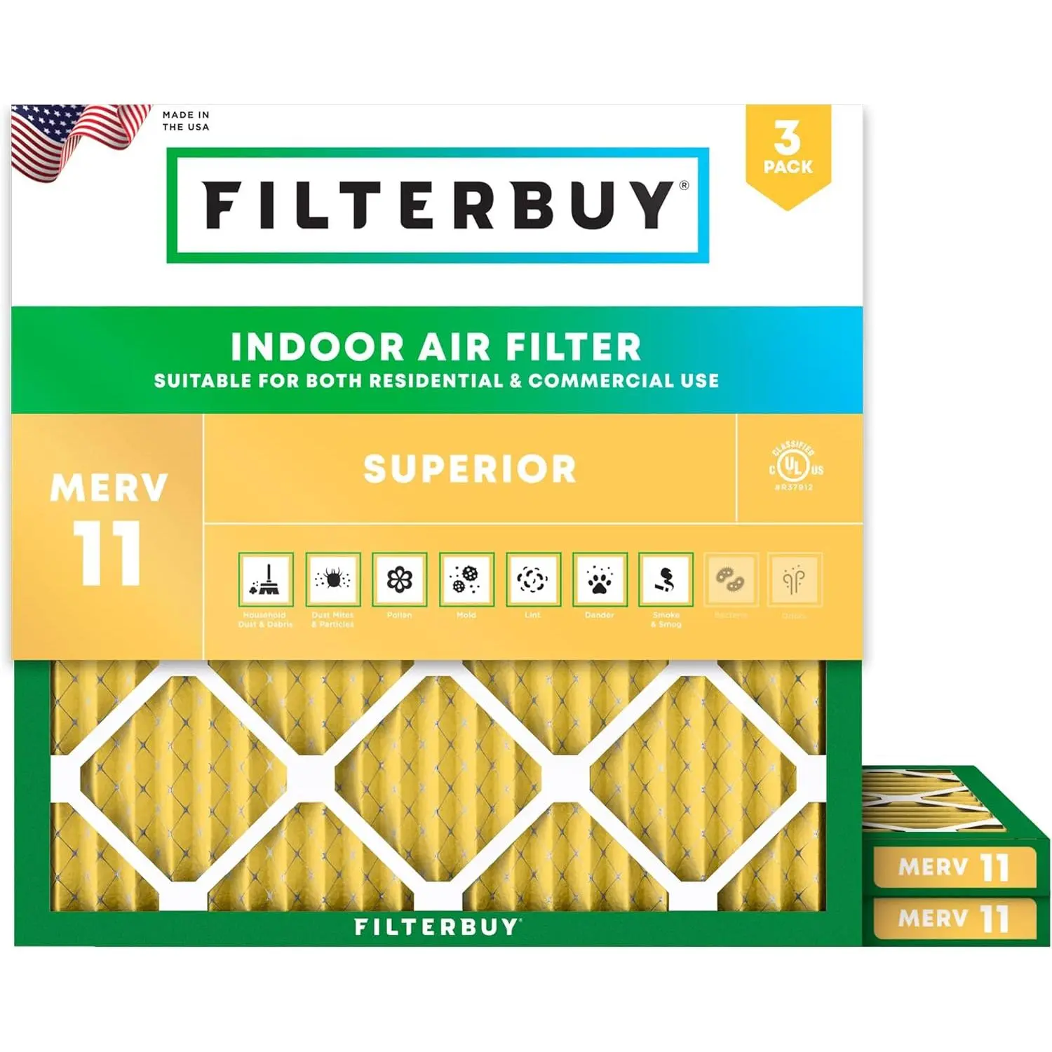 Filterbuy 12x12x1 In New HVAC AC Furnace Air Filter (3-Pack) - Pleated MERV 11 Allergen Trap, Electrostatic Synthetic Media, Eco-Friendly Recyclable Materials (Actual Size: 11.75x11.75x0.75 In) for Heating
