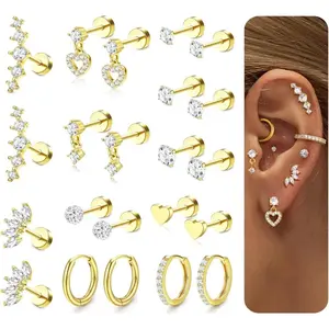 Women's Surgical Stainless Steel Flat Back Screw Earrings Set Cartilage Stacked Spiral Perforated Piercing Jewelry