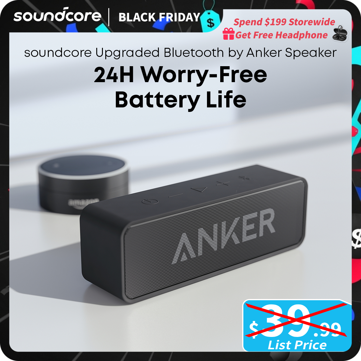 [TikTokShopBlackFriday] soundcore by Anker Portable Bluetooth Speaker, 24H Playtime, 6W Stereo Sound, Rich Bass, IPX5 Waterproof, Built-in Mic, Ideal