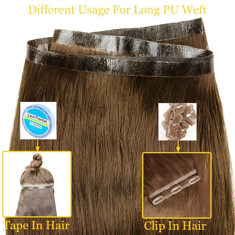 New 2025 Arrivals Glueless Pre-Taped Human Hair Extensions - Light Brown 4 #   Real Natural Straight Hair, 12-20 Inch Thick Salon Quality PU Light Beige Weft Hair Bundles for Women, Reusable & Damage-, Beauty Hair Accessory |   Silky Smooth Texture |   Sa