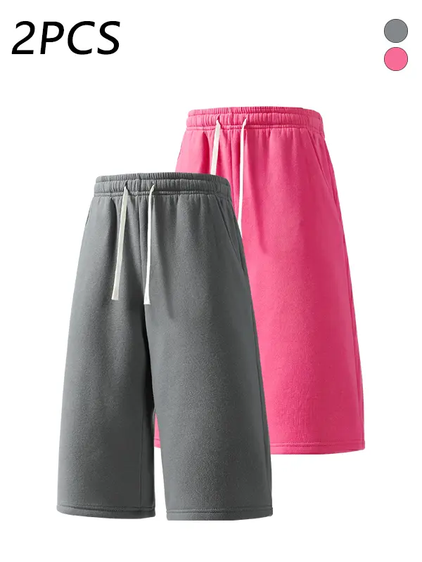 2-pack men’s summer casual shorts, 7/8 length, loose straight fit, adjustable drawstring elastic waistband, skin-friendly breathable fabric