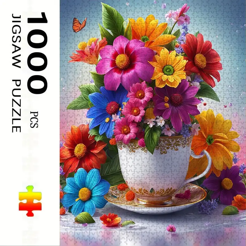 1000 Piece Flower Cup Theme Jigsaw Puzzle, Durable Large Adult Family Play Interactive Fun Toy, DIY Home Decoration Brain Challenge, Holiday Scene, Perfect Gift, Creative Puzzle, Art Puzzles Gift