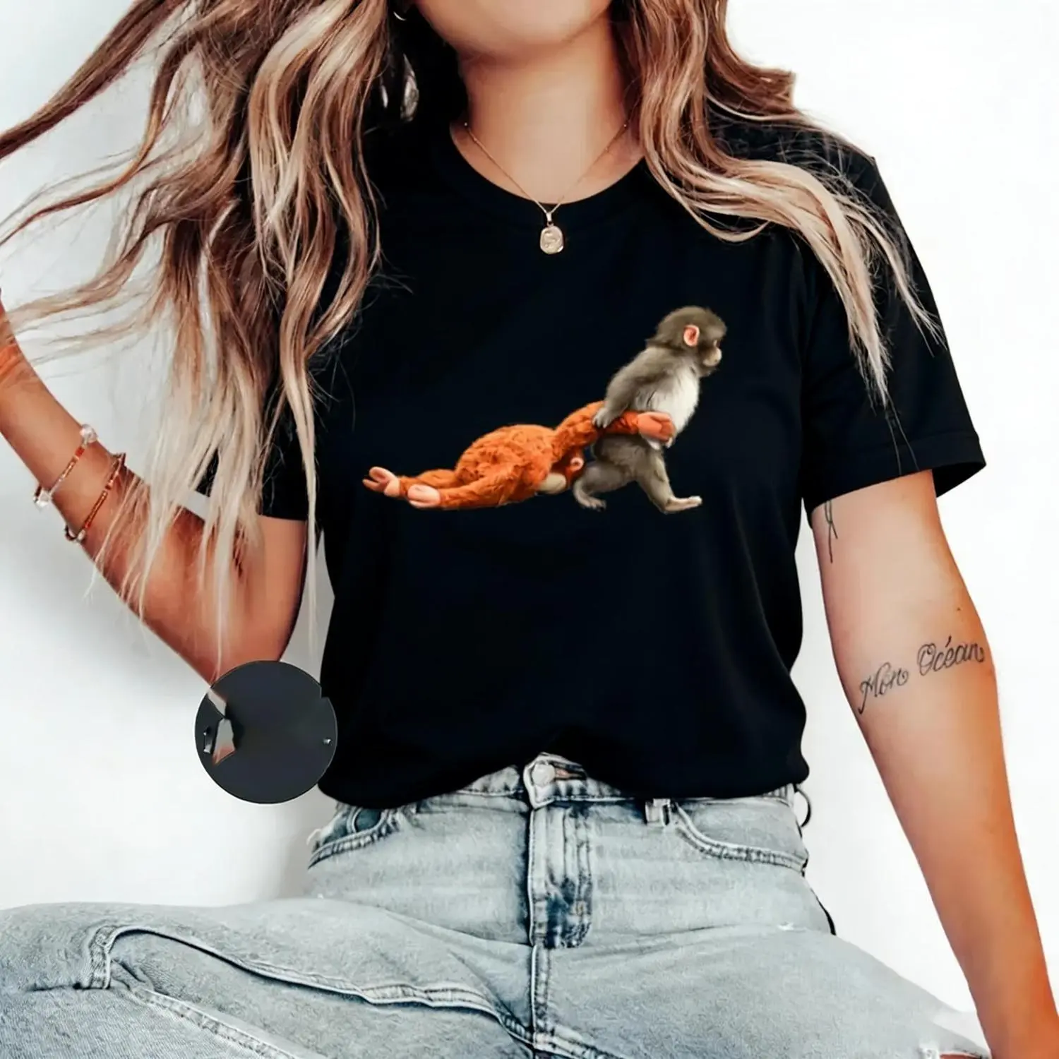 Men's Casual Round Neck Short-Sleeve Cartoon T-Shirt - Baby Monkey Holding Plush Toy, Animal Lover Gift, Cute Cozy Top