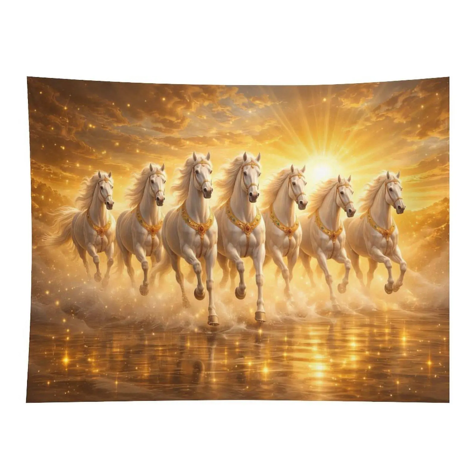 7 Golden White Running Sparkle Horses Wall Tapestry - Water Sunset Galaxy Sky Design, Lucky Spiritual Fantasy Glowing Art Decor for Living Room Home Ornament