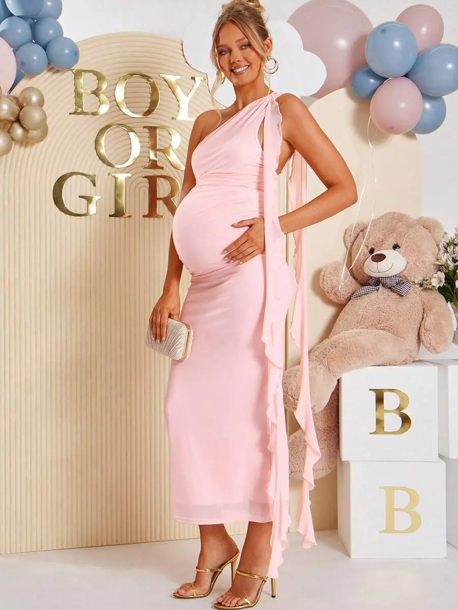 LAFERLIN  Pregnant Women's Solid Color One-Shoulder Long Dress, Fashionable Party Wear Dress Gender Reveal Dress Maternity Dress Baby Shower Dress