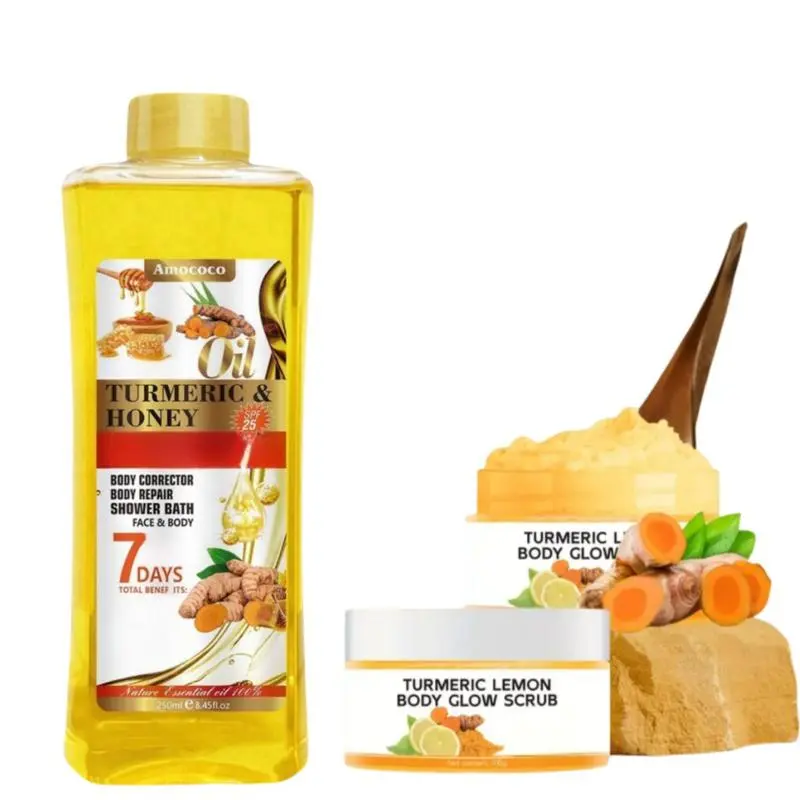 Turmeric Massage Oil and Turmeric Scrub : Cleansing, moisturizing, skin care, massage.Hydrating, petal-scented body wash and soap bar. Gentle cleanser Turmeric Ginger Body Care Set